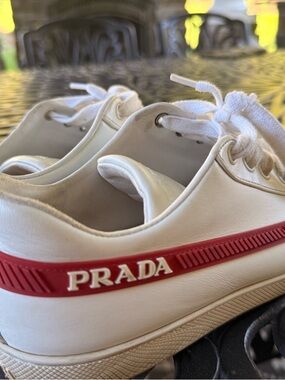 Prada White Leather Sneakers with Red Side Panel, IT 40